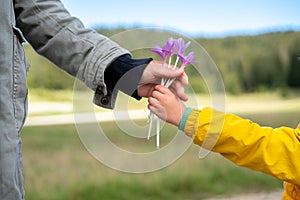 A child (son) giving flowers as a gift to woman (mother) as a sign of love