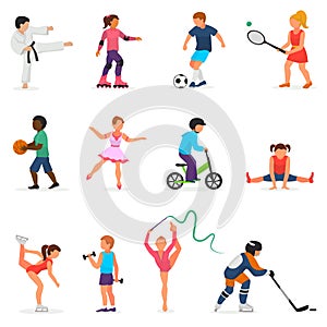 Child in sport vector boy or girl character playing hockey or soccer and children dancing or skating illustration set of