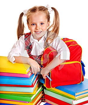 Child with stack book.