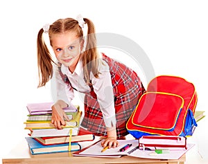 Child with stack book.