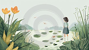 child standing at the edge of a small pond watching tadpoles swim and catching glimpses of frogs hopping along the