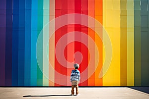 A child standing on front of rainbow colored wall. Child mental health concept. ASD, autism spectrum disorder awareness concept.