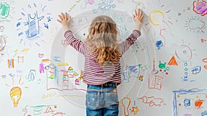 A child standing in front of a white board with colorful drawings and notes excitedly explaining their thoughts on the