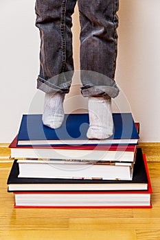 Child standing on a stack of books