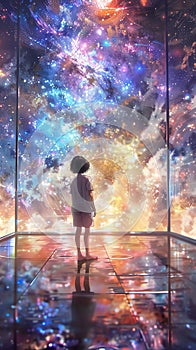 Child stands awe room transparent walls explosive cosmic nebula starry expanse