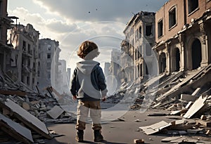 Child stands in city destroyed by hostilities. Generative AI