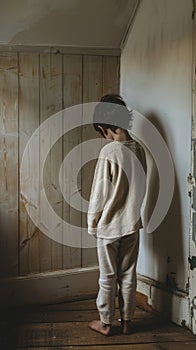 A child stands in a dimly lit room, facing away from the camera, evoking a mood of solitude and pensiveness.