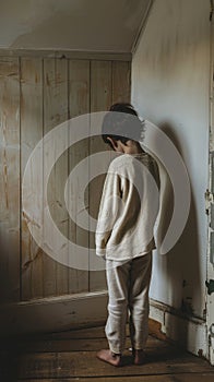A child stands in a dimly lit room, facing away from the camera, evoking a mood of solitude and pensiveness. photo