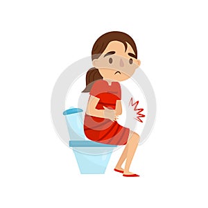 Child with stomach pains. Little girl sitting on toilet. Kid suffering from diarrhea or constipation. Flat vector design