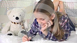 Child Studying, Student Kid using Tablet, Writing School Homework, Girl Playing