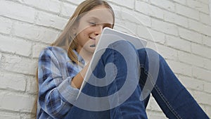 Child Studying on Tablet, Girl Writing for School Class, Learning Doing Homework