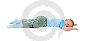 Child stumbled, fell and lay on white background