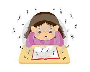 Child suffering with dyslexia and dyscalculia is having difficulty in reading a book. Stressed girl doing hard homework
