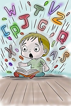 Child suffering with dyslexia is having difficulty in reading a book. Dyslexia disorder concept. Illustration