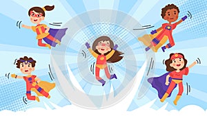 Child superhero, brave kid superhero cartoon characters. Cute kids in superhero poses vector background illustration