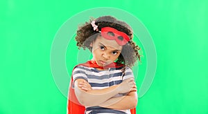 Child, superhero and hand on green screen to stop crime and fight with fantasy, dream or cosplay costume. Girl power