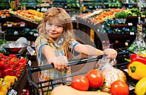 Child in supermarket buying fruit. Kid grocery shopping. Kid with cart choosing fresh vegetables in local store. Healthy