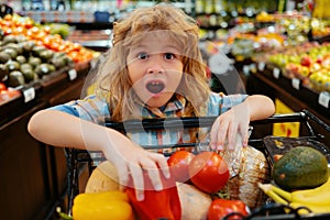 Child in the supermarket. Funny excited little boy wit shopping cart choosing goods at grocery store or supermarket