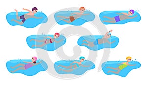 Child swimmers. Cartoon swimmer kid competition, swimming splashing pool water race, children preschool sport healthy