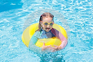 Child in swimming pool. Kids swim. Water play
