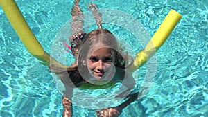 Child Swimming in Pool, Smiling Kid, Girl Portrait Enjoying Summer Vacation