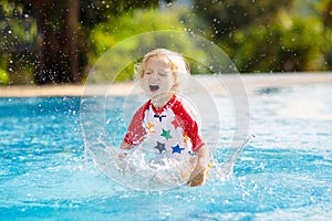 Child in swimming pool. Summer vacation with kids.