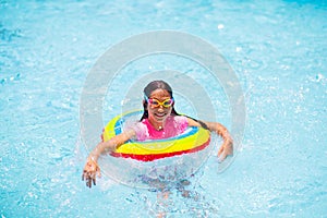 Child in swimming pool on toy ring. Kids swim