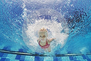 Child swimming underwater with splashes in the pool