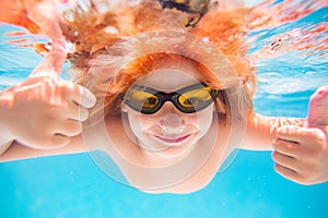 Child swimming underwater with thumbs up. Underwater kid swim under water. Child boy swimming and diving underwater in