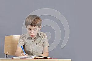 The child at the table is doing homework.