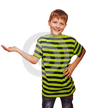 Child teenager boy blond open hand palm isolated