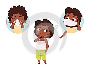 Child think about protection. Ill kid and healthy toddler in protective mask. Flu virus prevention vector baby concept