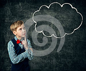 Child Thinking Bubble over Blackboard Background, School Boy