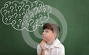 Child thinking with a thought bubble of question marks