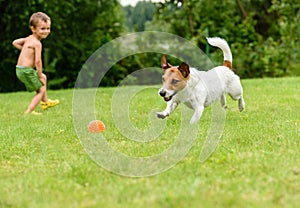 Child throwing toy ball to dog catching it