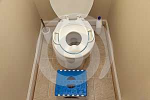 A child toilet seat attachment placed on top of a toilet for a kid during potty training