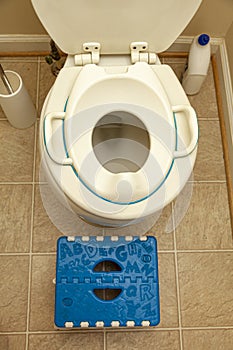 A child toilet seat attachment placed on top of a toilet for a kid during potty training