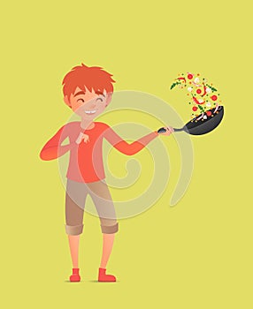 Child tossing vegetables in a wok. Flipping food in a pan. Vector illustration.