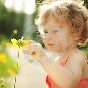 Child touching spring flower photo