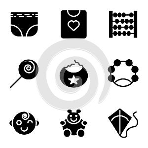 Child and Toy icon set include diapers, pampers, baby, child, shirt, clothes, kids, abacus, toy, lollipop, candy, saliva, eat,