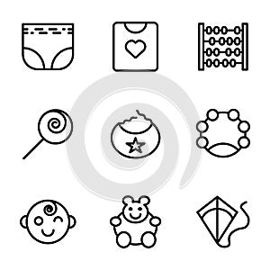 Child and Toy icon set include diapers, pampers, baby, child, shirt, clothes, kids, abacus, toy, lollipop, candy, saliva, eat,