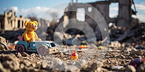 A child toy left amidst ruins, evoking the tragedies of war and the impact on innocent lives , concept of Devastation