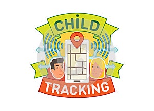 Child tracking concept vector badge illustration