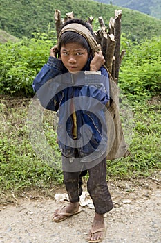 Child transports firewood, Laos