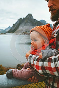 Child traveling with father in Norway family lifestyle outdoor