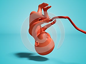 Child with umbilical tube upside down 3d render on blue background with shadow