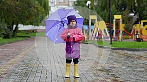 Child with an umbrella walks in the rain. Happy boy with umbrella outdoors