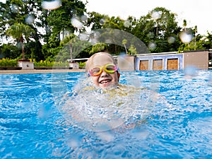 Child underwater in swimming pool. Kids swim