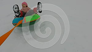 The  child is unwound on the tubing and falls off it