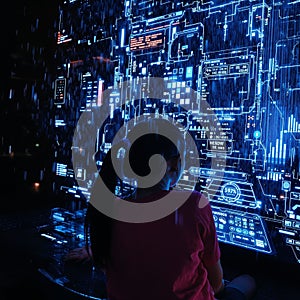 Child Using Futuristic AI Technology Interface and Digital Data Screen